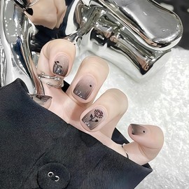 ALLEVG] Nail Tips, Black, 24 Pieces, Nail Tips, Short, Flowers, Spring/Summer, Popular, Japanese Style, Cute, Simple, Stylish, Coming of Age Ceremonies, School Entrance Ceremonies, Graduation