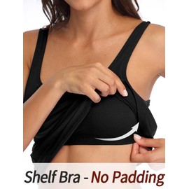 V FOR CITY Black Tank Top for Women Shelf Bra Camisole Adjustable Wide Strap Cami Shirts Soft Cotton Sleepwear S