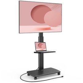FITUEYES Rolling TV Stand with Power Outlets, Swivel Portable TV Stand for 32-75Inch LCD LED OLED Flat/Curved Panel Screen TVs,Height Adjustable&Wood Base, Mobile TV Cart with1 Shelf, Black.