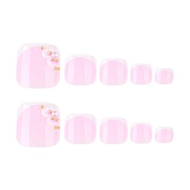 French Tip Press on Toe Nails Short Square Fake Toenails Pink 3D Flowers Acrylic Toe Nails Glossy Nature False Toenails Reusable Full Cover Glue on Artificial Nails for Women Manicure Decor 24Pcs