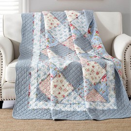 VIVILINEN Twin Size Patchwork Quilt Blue Cotton Quilted Throw Blanket Reversible Bedspread Coverlet for Couch Sofa Lightweight Soft Floral Vintage Garden Flowers Comforter Bed Cover for Bed Home Bedroom Decor