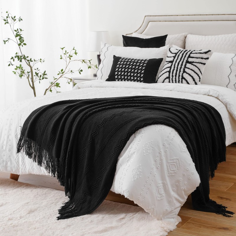 Battilo Black Throw Blanket with Fringe, Bed Throws for Home