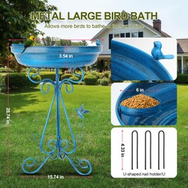 Decorative Large Bird Bath for Outside with Stand,18" Diameter cast iron Birdbaths Bowl,Metal Pedestal Garden Decor Vintage Bird Baths for Outdoors with Food Tray,Anti-Rust Coating (Sky Blue)