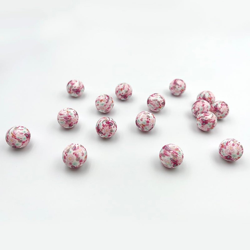 30Pcs Silicone Printed Beads Pink Flower Print Beads 15mm Butterfly