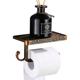Antique Carving Toilet Paper Holder，Wall Mounted Single Roll Cell Phone Roll Holder Shelf for Bathroom Decor (Bronze)