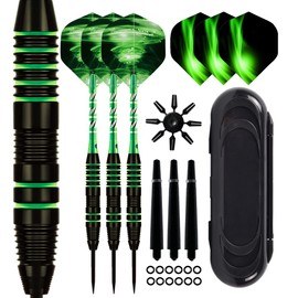 Steel Tip Darts Set 22g,3 Pack Professional Dart with Aluminum Shafts(+3 More Spare Shafts) and 2 Style Flights And Darts Case -Green
