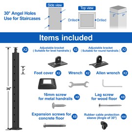 CKE Black Stair Cable Railing Post 36"x2"x2", 2 Packs Drilled Stair Post, 25-35 Degree Stairway Adjustable Top Stair Post with Cable Grommets, T304 Stainless Deck Stair Cable Railing Angle Post