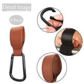 Pram Hooks, Pack of 3 Pram Hooks, Bag Hooks, Pendant for Prams, Carabiner Hook for Handbags, Universal Fit/Also Applies to Wheelchair/Leather Premium Style/Non-Slip, Brown