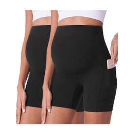 POSHDIVAH Pantalones cortos de maternidad para mujer sobre el vientre, ciclismo, entrenamiento, yoga, verano, embarazo, correr, leggings cortos de 5 pulgadas, 2 piezas negras de 5.0 in, M