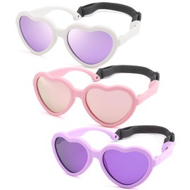 NULOOQ Kids Heart Sunglasses for Girls – Cute Polarized Flexible Frame Toddler Sunglasses with Strap Age 2-8 (Purple Mirrored + Pink Mirrored + Purple Mirrored) - 3 Pack