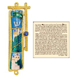 TALISMAN4U Blue Enamel MEZUZAH CASE with Scroll Hebrew Parchment Gold Plated Crystals Hand Painted Jerusalem Design Protection Door Mezuza from Israel 5 Inch Judaica Gift for Home (Light Blue)