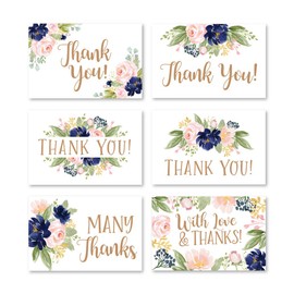 24 Navy Floral Thank You Cards With Envelopes, Great Note For Adult Funeral Sympathy or Gift Gratitude Supplies For Grad, Birthday, Baby or Classic Vintage Flower Bridal Wedding Shower For Boy or Girl