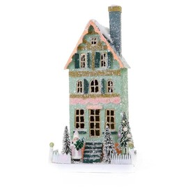 Cody Foster & Co Mint Green and Pink Cozy City House Christmas Village Townhouse with Santa, Multicolor