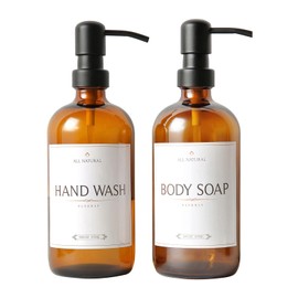 Seifenspender aus Braun Glas 2 Stück, 475mL Flasche Pumpflasche inkl. Etiketten, Kunststoff für Küche Bad Flüssigseifen Badezimmer
