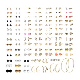 MILACOLATO Earrings set for Women，Colourful Earring Sets For Multiple Piercings，Stainless steel Assorted Multiple Stud Earrings， Faux Pearl Hoop Earrings Bar Moon Star CZ Stud Jewelry（93 Pairs）/Gold
