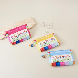 BOJAGI JADE Korean Traditional Patchwork Pouch – Hand-Embroidered Floral Design with Zipper (Yellow)