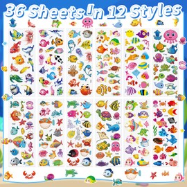 36 Sheets Underwater Stickers for Kids - 900+ 3D Puffy Sea Animal Stickers | Fish, Dolphin, Shark, Octopus, Turtle | Reusable, Waterproof | Crafts, Scrapbooking, Party Favors
