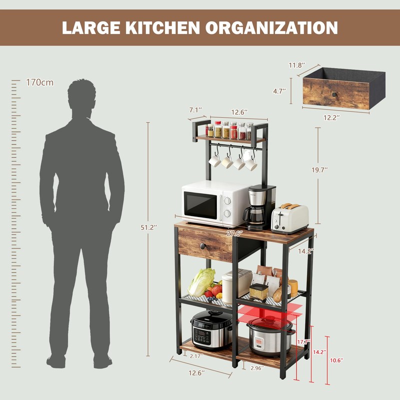 Bakers Rack with Storage,Microwave Stand with Drawer,6 Tier Coffee Bar