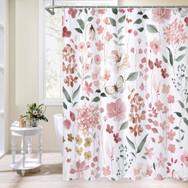 Litabel Pink Floral Shower Curtain, Plant Leaves with Flower Shower Curtains for Summer Pink Bathroom Decor, Modern Farmhouse Waterproof Fabric Botanical Shower Curtain Set with Hooks 72x72 Inch