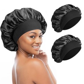 TEOZBLU Satin Cap, Silk Hair Wrap for Sleeping, Soft and Comfortable Silk Sleep Cap, Non-Slip Silk Head and Hair Cover, Night Hat for Curly Hair with Elastic Band, Black