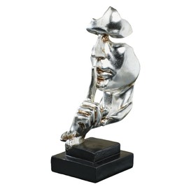 Keeping Secrets Abstract Table Sculpture | Metallic Antique Silver and Black Finish | Abstract Face Bust Statue Making a Hushing, Be Quiet Gesture with One Raised Finger | Modern Tabletop Sculpture