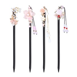 4 Pcs Chinese Hair Sticks for Women White Pink Flower