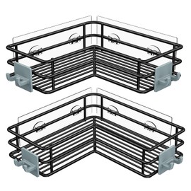 Nieifi Adhesive Corner Shower Caddy Shelf Basket Rack with Hooks, Rust Proof Stainless Steel Bathroom Shelf Shampoo Holder No Drilling (Black)