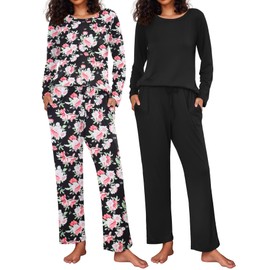 Ekouaer 2 Pack Womens Pajama Sets Long Sleeve Pjs Lounge Set Soft Comfy Sleepwear Winter Loungewear,Black/Flower,XX-Large