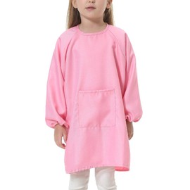 EVGVAT Kids Art Smock Long Sleeve with Pocket Child Chef Bib Apron for Kitchen Cooking Painting (Pink, Large(8-12years))
