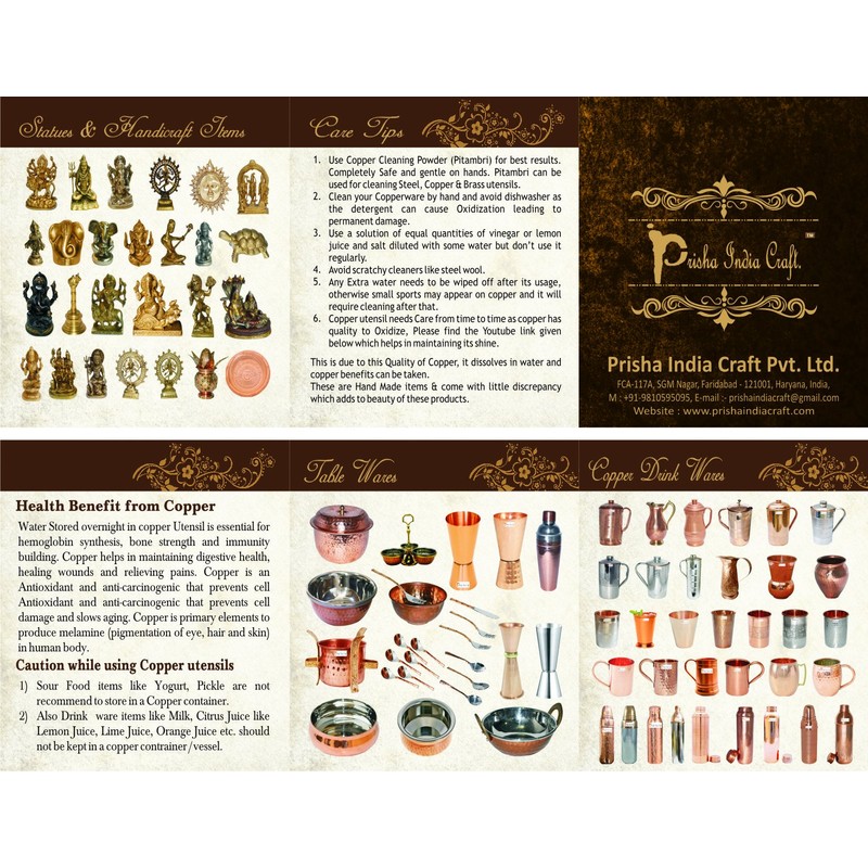 Prisha India Craft Pure Copper Water Bottle, Hammered Design, Capacity