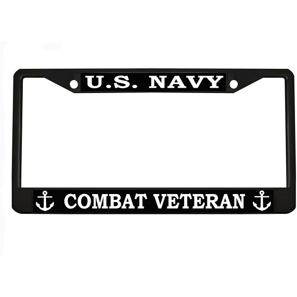 U.S. Navy Combat Veteran Auto License Plate Frame Tag Metal Chrome/Black (2BLACK/White)
