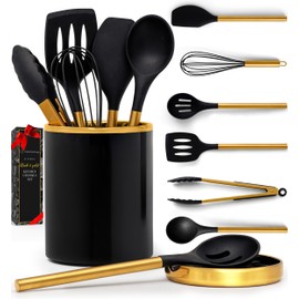 STYLED SETTINGS Black and Gold Kitchen Utensils Set – 8 Piece Silicone Cooking Utensils with Gold Handles, Black Ceramic Utensil Holder & Spoon Rest – Heat Resistant, Nonstick Safe, Sleek Storage