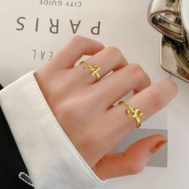 Women's Girls' Letter Ring 925 Sterling Silver Open Adjustable Stackba Initial Alphabet A-Z Rings Ankle Rings for Children Mother's Day Birthday Gift, Sterling Silver Sterling silver 14K Gold Plated