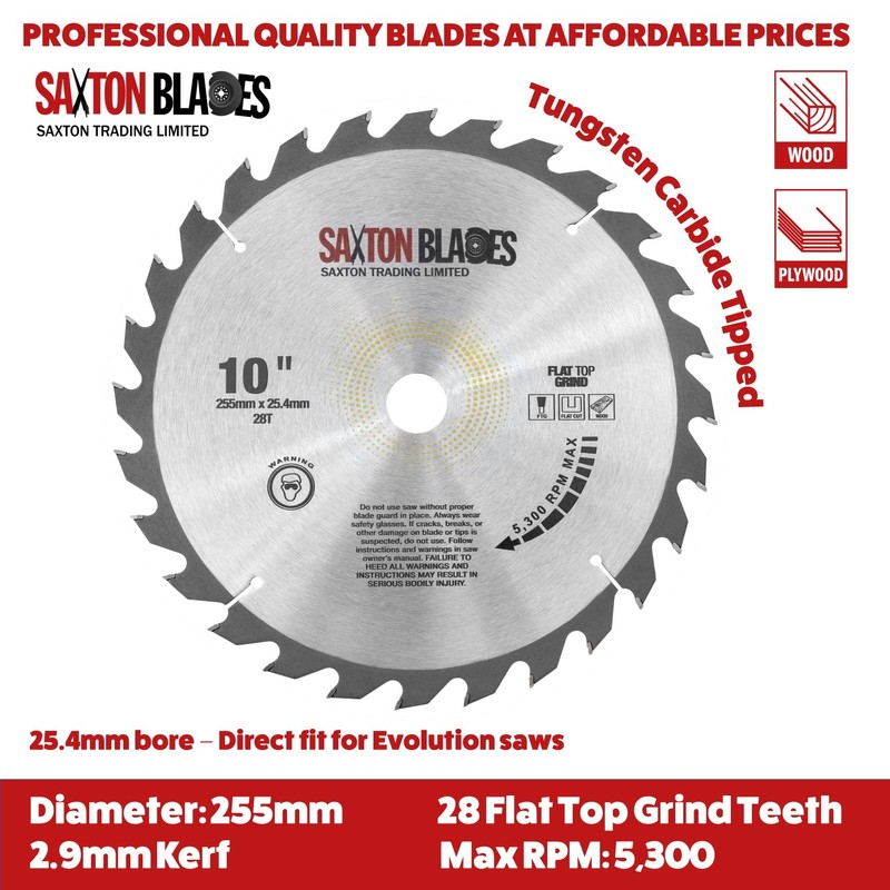 Saxton Flat Top TCT Circular Saw Blade 255mm x 28T