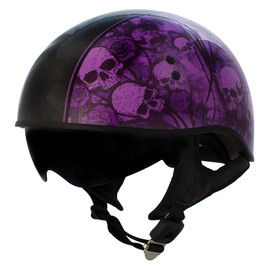 Milwaukee Leather Hot Leathers HLD1039 Gloss Black Purple Skull Bouquet Advanced DOT Unisex Half Helmet with Drop Down Tinted Visor - X-Small