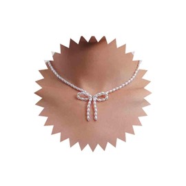 Inateannal Boho Pearl Choker Necklace Pearl Bow Pendant Necklace White Pearl Necklace Silver Short Pearl Necklace Wedding Pearl Necklace Jewellery for Women and Girls, Zinc, No Gemstone