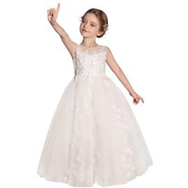 First Communion Dresses for Girls Tulle Flower Girl Dress 3D Floral Appliques Ball Gowns for Wedding Birthday Ivory-6