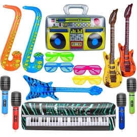 Meiruier Pack of 16 Inflatable Rock Star Toy Set, Inflatable Party Props, Saxophone, Beth Microphone, Inflatable Guitar, Colourful Inflatable Instruments, Party Decoration (Set-1)