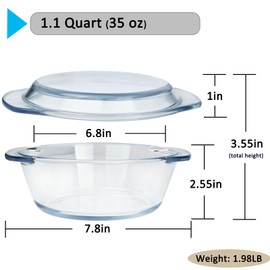 Small Glass Casserole Dish With Glass Lid, 1L Covered Glass Microwavable Bowl Oven Safe, Easy Grab Glass Baking Dish for Oven