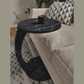Furpinea C Shaped End Table for Couch Small Places, Faux Marble Black Space Saver Round Side Table for Sofa and Bedside with Wheels, Coffee and Eating Snack Time Tray for Living Room, Office