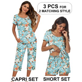 Ekouaer 3 PCS Capri Pajamas for Women Set Short Sleeve Pajama Sets Floral Pj Sets Soft Sleepwear with Pockets Green Flowers