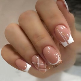 Fake Nails False Nails with Glue, French Tip White Pink Nude Stick on Nails, Short Square Glitter Press on Nails, Full Cover Acrylic Nails for Women Girls (24pcs)