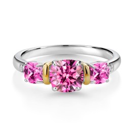 Gem Stone King 925 Silver and 10K Yellow Gold 3-Stone Diamond Ring Cushion Pink Moissanite and Created Sapphire Pink (1.71 Cttw) (Size 7)
