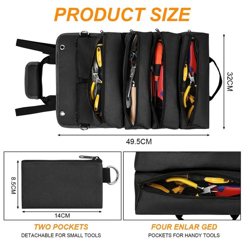 Adiwo Tool Roll Bag, Tool Roll Pouch with 4 Zip