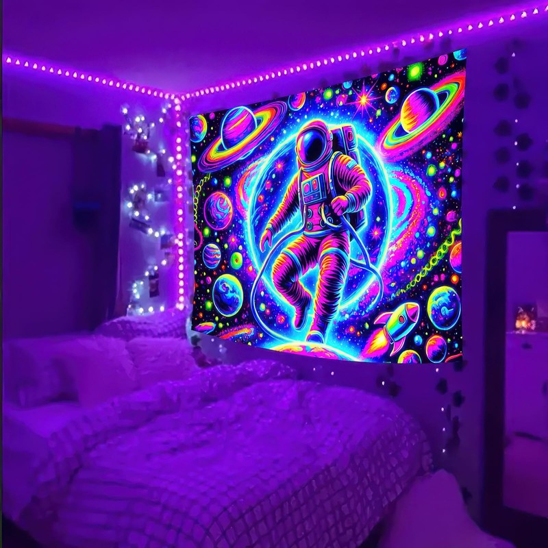 BlissYard Blacklight Tapestry Astronaut Black Light Hanging Backdrop Glow in