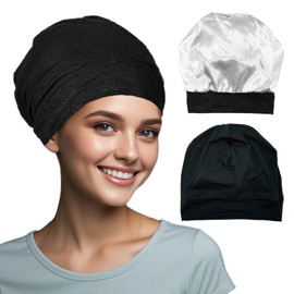 Guiguishiny Satin Bonnet Unisex Silk & Cotton Jersey Hat Lightweight Soft Sleeping Cap Night Sleep Cap Chemotherapy Hat Satin Lined Beanie, black, 54-60