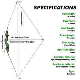 60 Inch Black Hunter Longbow 20-60 Lbs Archery Bow Takedown Bow and Arrow Set with Extra Bowstring for Adults and Beginners Hunting Right Hand Green (20LBS)