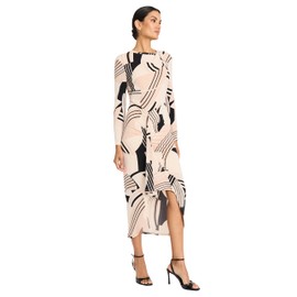 Maggy London Women's Long Sleeve High Neck Midi Asymmetrical Hem with Side Slit-Evening Formal Dress, Cream/Black