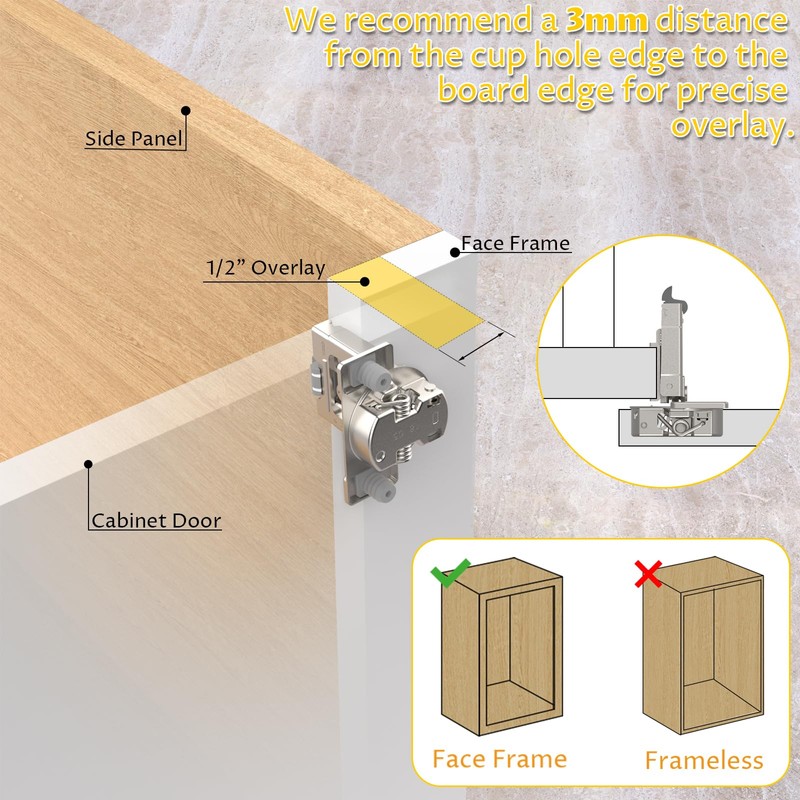 Onemake 20 Pack 1/2" Overlay Soft Close Cabinet Hinges, Clip-on