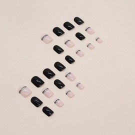 24Pcs Short Press on Nails Square Black Line Fake Nails Glossy Stick on Nails Glitter Full Cover False Nails Acrylic Glue on Nails for Women (Black lines)